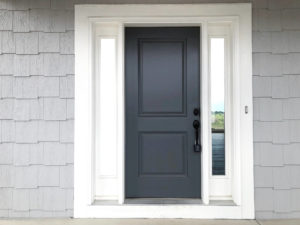dark gray front door on light gray house