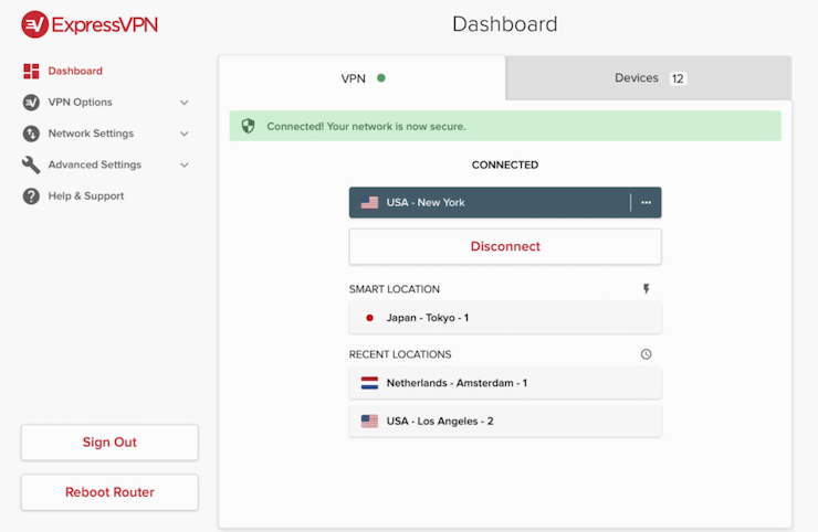 A screenshot of the ExpressVPN dashboard showing the service is connected