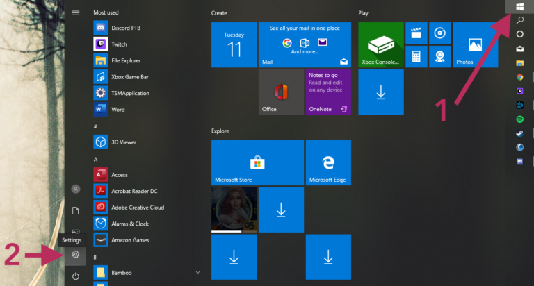 A screenshot showing where to find the Settings menu on Windows 10