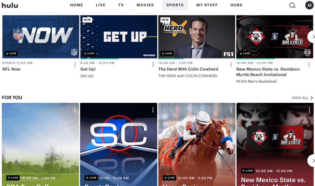 Hulu Live's sports tab 2021