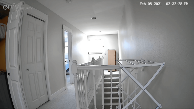 Screenshot of live view from the Eufy Cam Indoor showing a hallway in a house