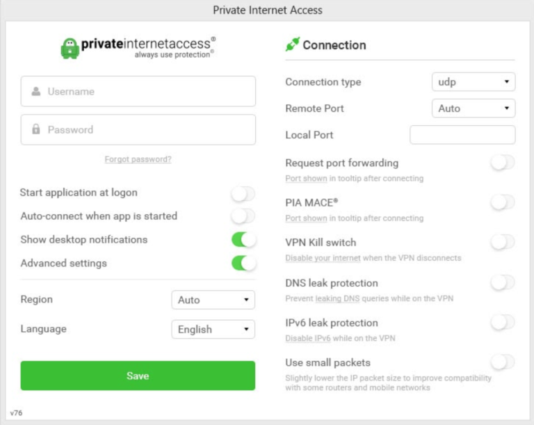 A screenshot of Private Internet Access VPN dashboard