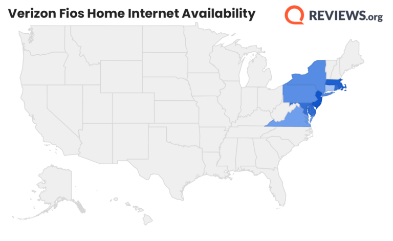 A map of the US showing Verizon Fios service in several Northeastern states