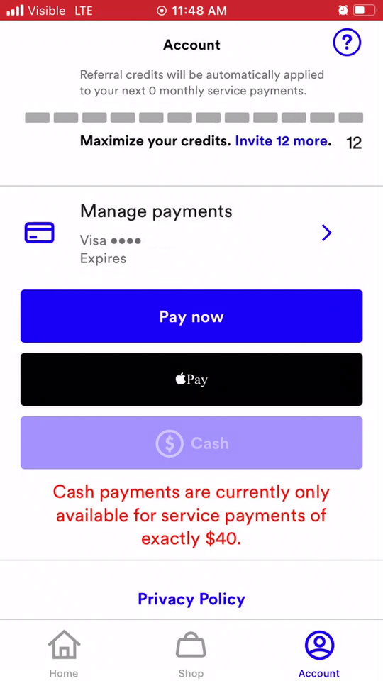 Screenshot of Visible app showing Pay Now button